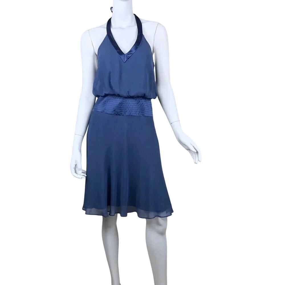 Laundry Shelli Segal Navy Blue Halter Silk Dress 0P $195 Cocktail Formal